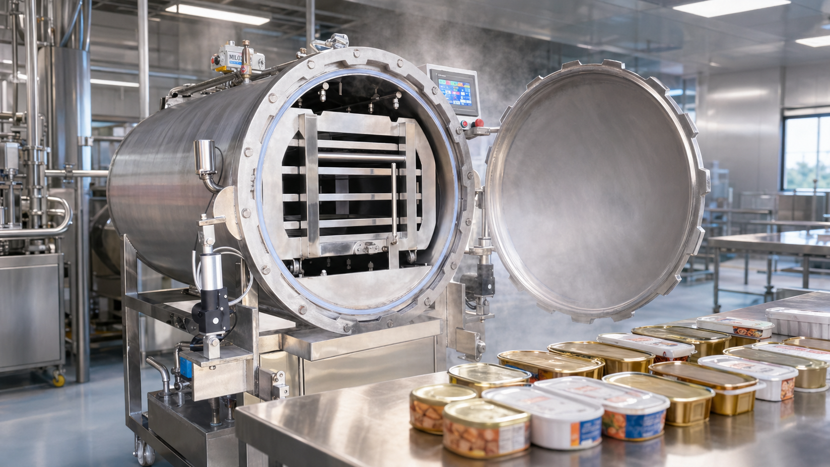Máy hấp tiệt trùng phun sương 450L MILOTECH dùng cho hộp pate đóng gói