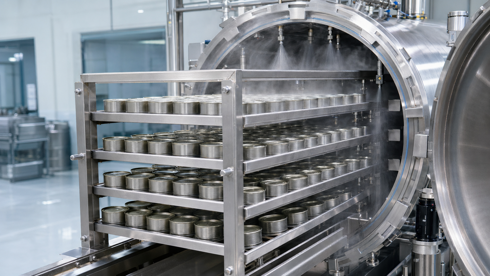 Khay hộp pate trong máy hấp tiệt trùng phun sương 450L MILOTECH