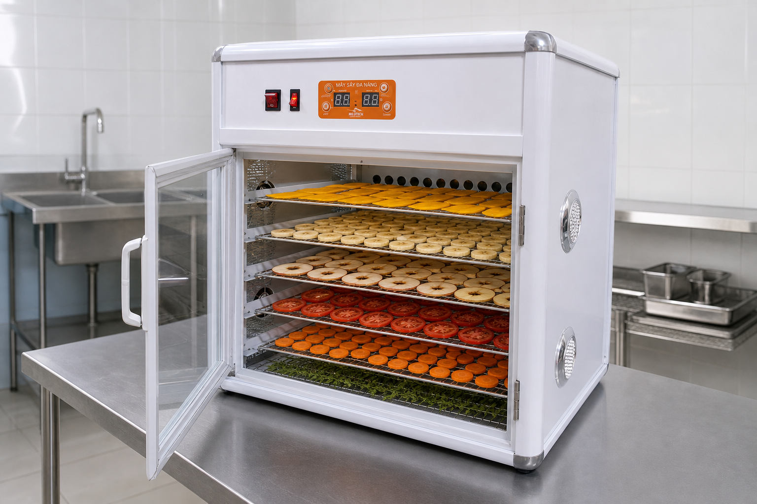 Máy sấy nhiệt thực phẩm Milotech 12kg đặt trên bàn với sản phẩm trong khay sấy