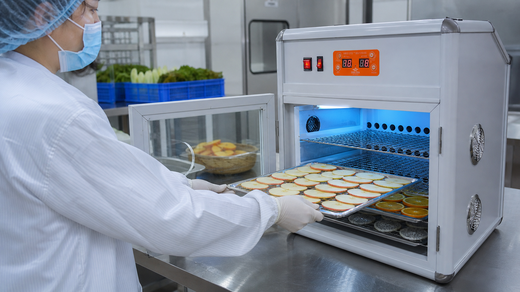 Nhân sự đưa khay thực phẩm vào máy sấy nhiệt thực phẩm Milotech 6kg khung nhôm