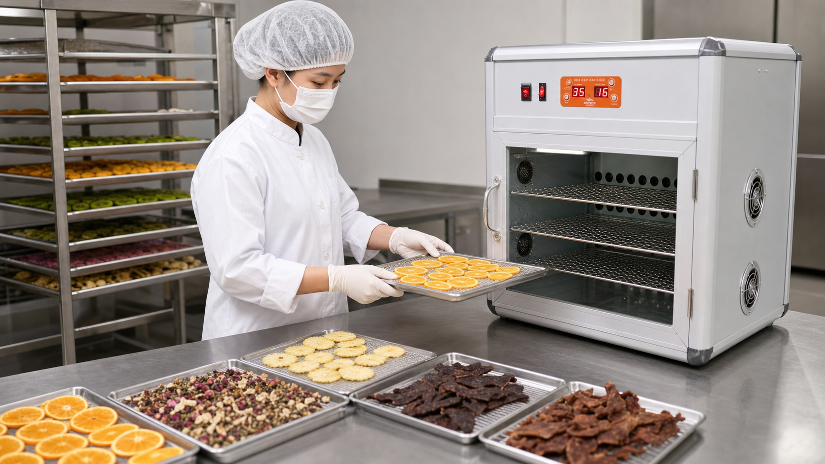 Nhân sự thao tác với khay thực phẩm cạnh máy sấy nhiệt Milotech 6kg