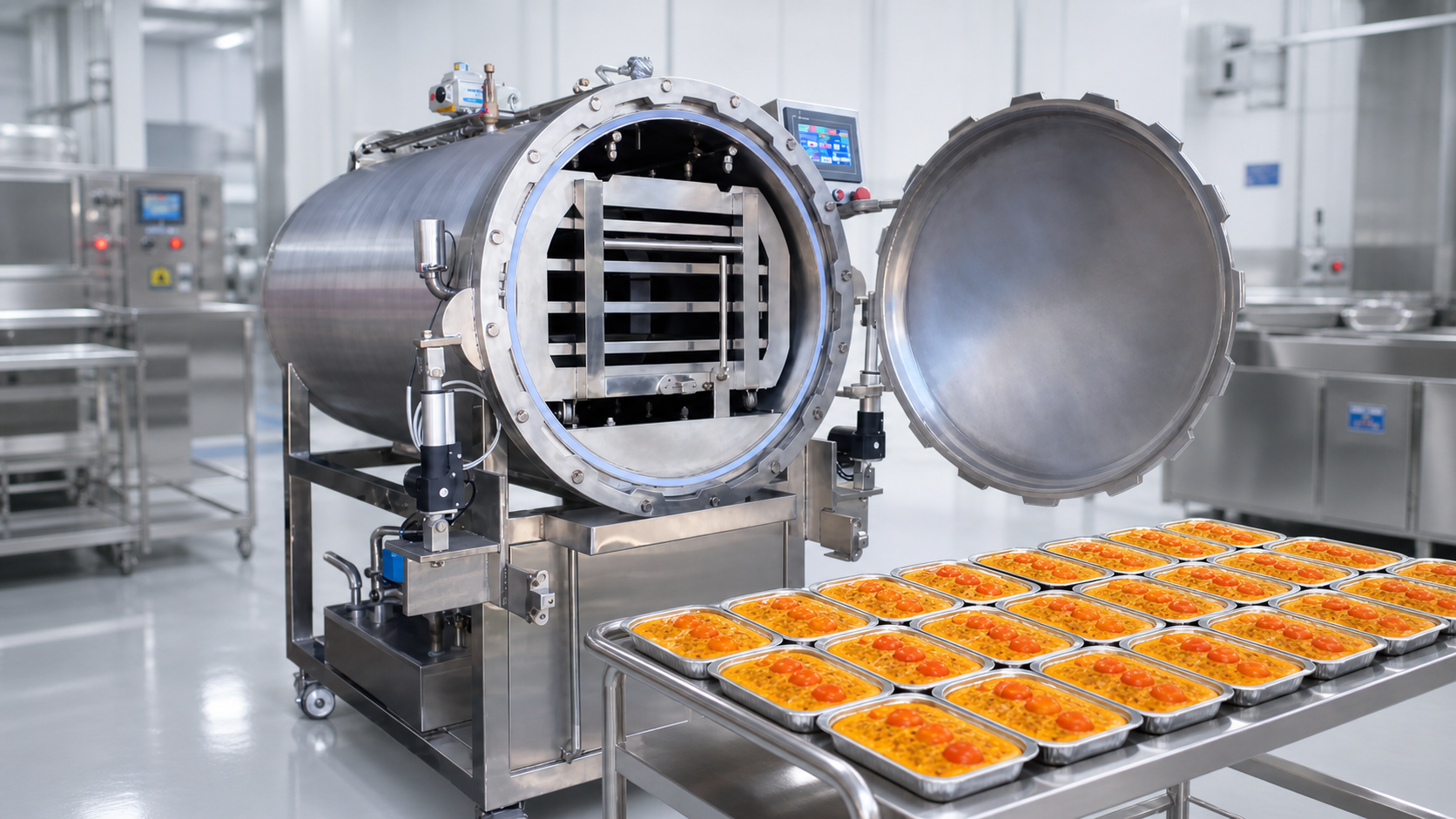 Máy hấp tiệt trùng phun sương 450L Milotech cho thực phẩm ăn liền đóng khay