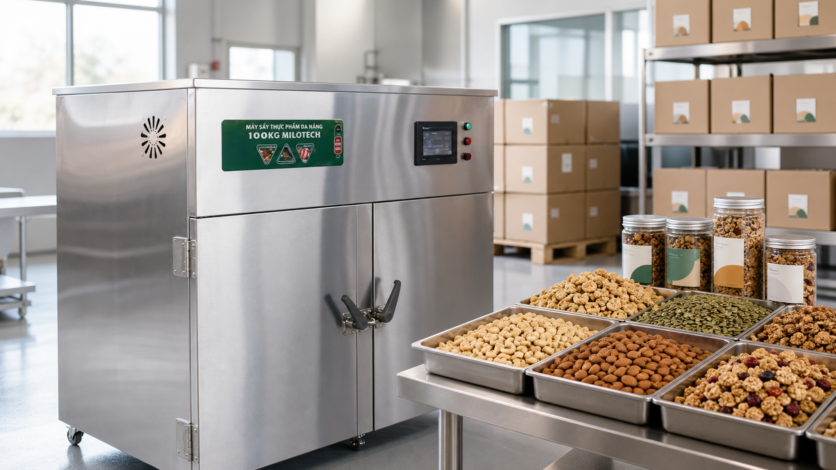 Granola thành phẩm đóng hũ sau khi sấy bằng máy sấy thực phẩm 100kg Milotech