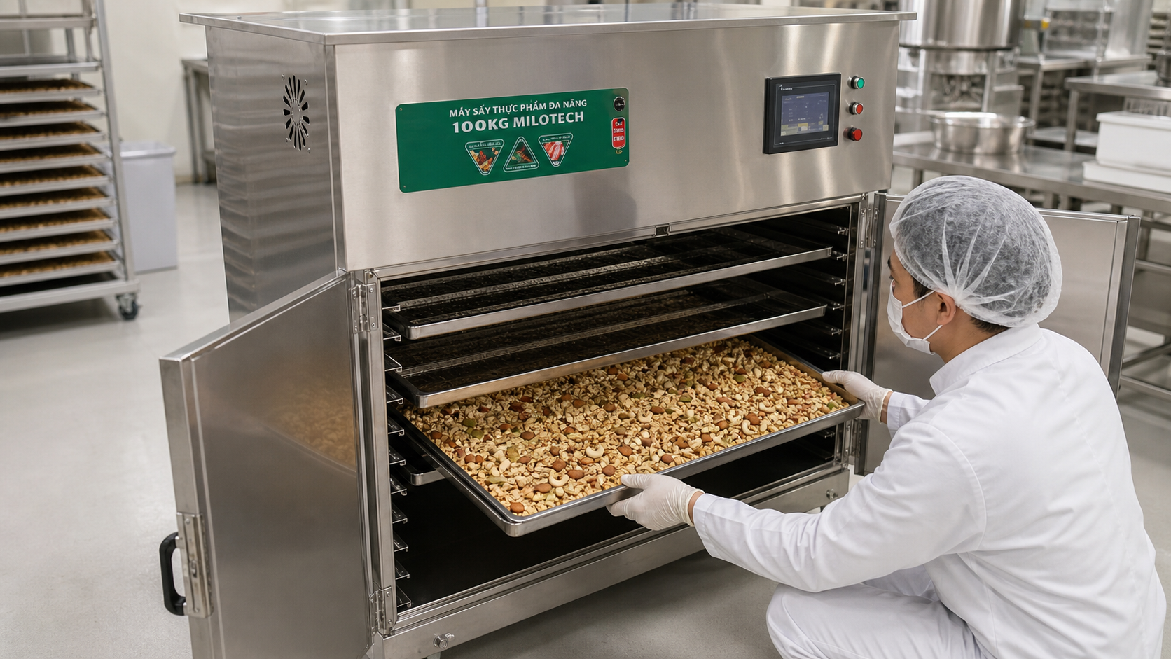 Nhân viên mở cửa máy sấy thực phẩm 100kg và đưa khay granola vào khoang sấy