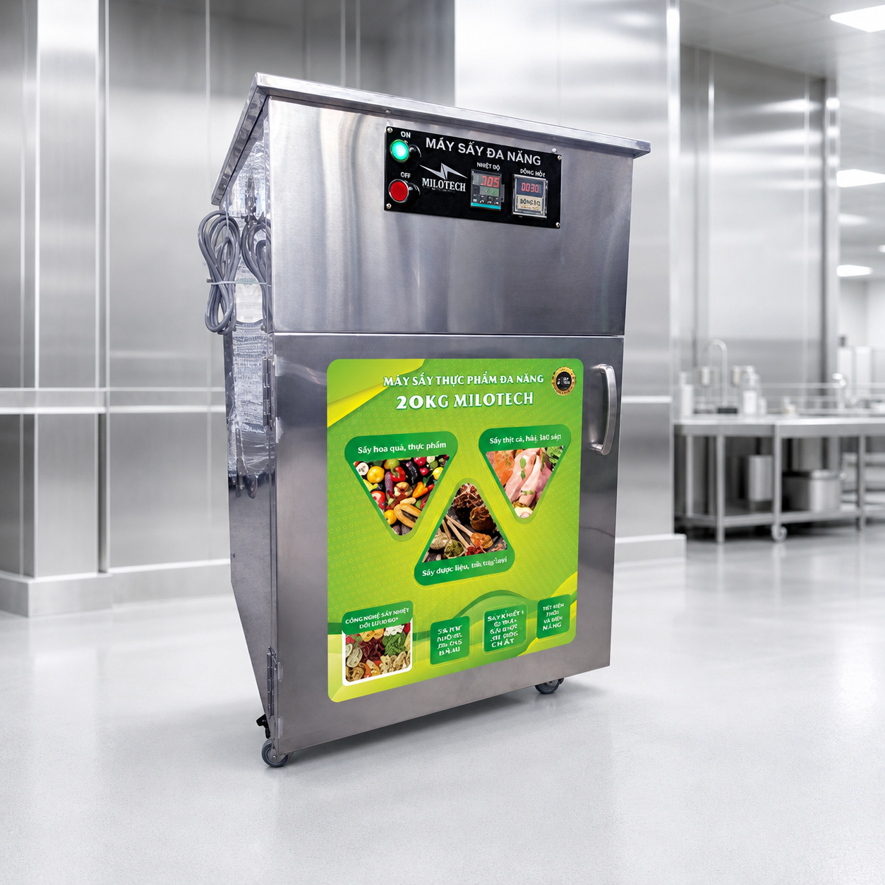 Máy sấy thực phẩm Milotech 20kg trong không gian sản xuất sạch