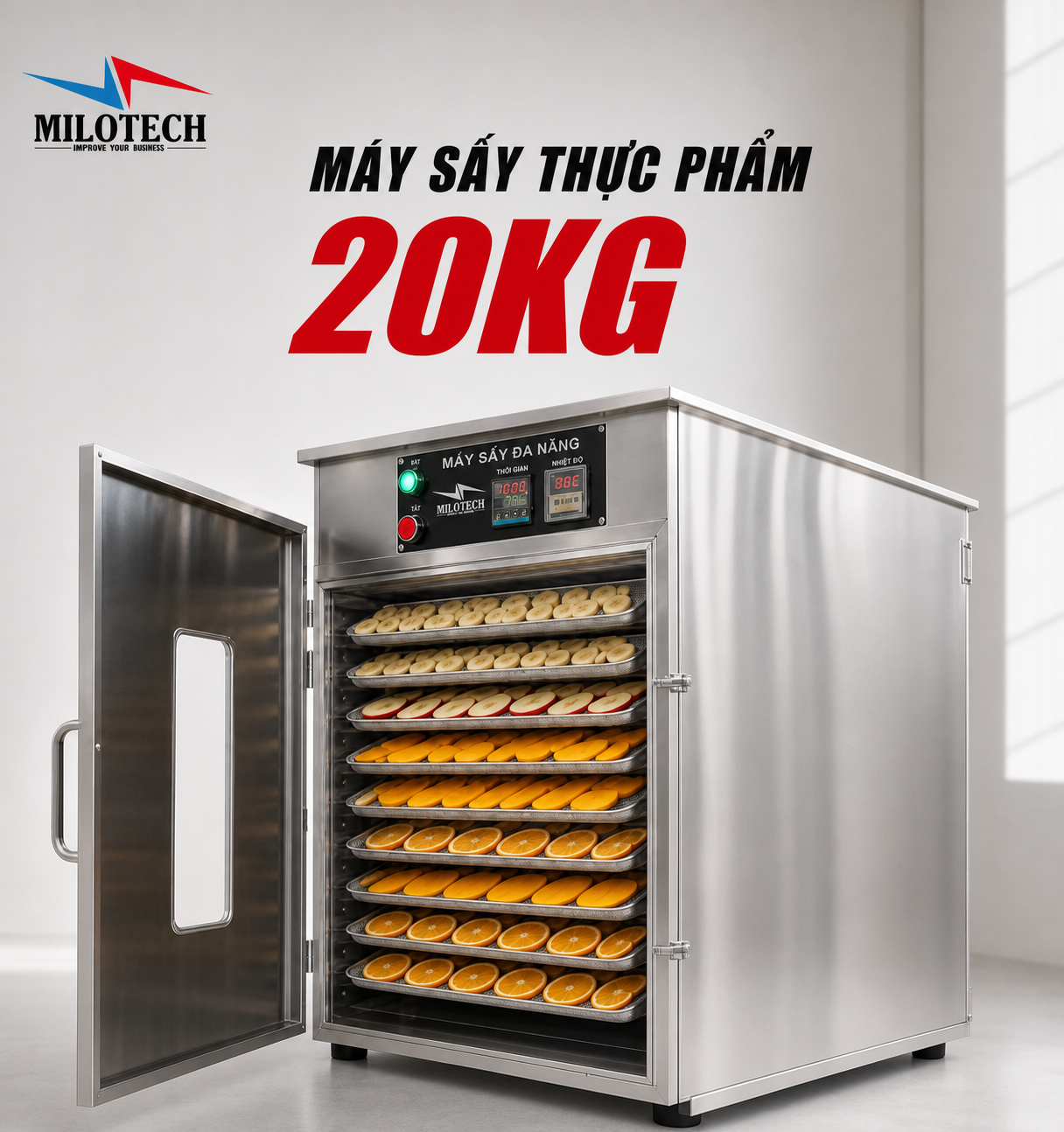 Máy sấy thực phẩm Milotech mở cửa với khay trái cây đang sấy