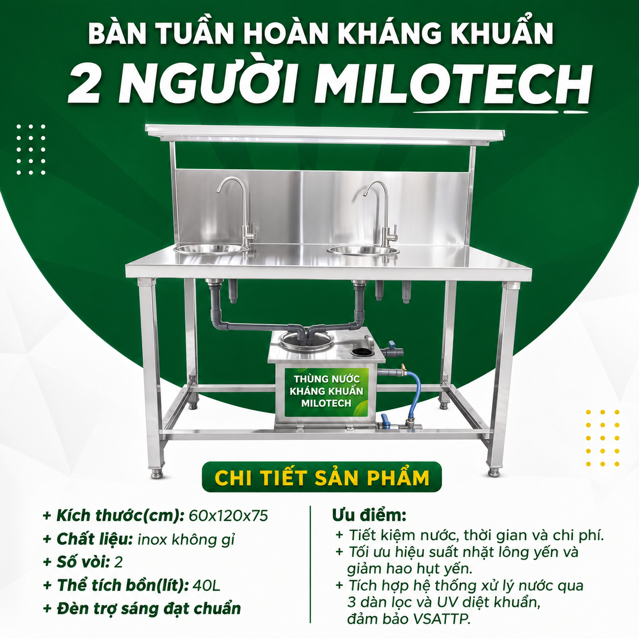 Bàn tuần hoàn kháng khuẩn 2 người MILOTECH