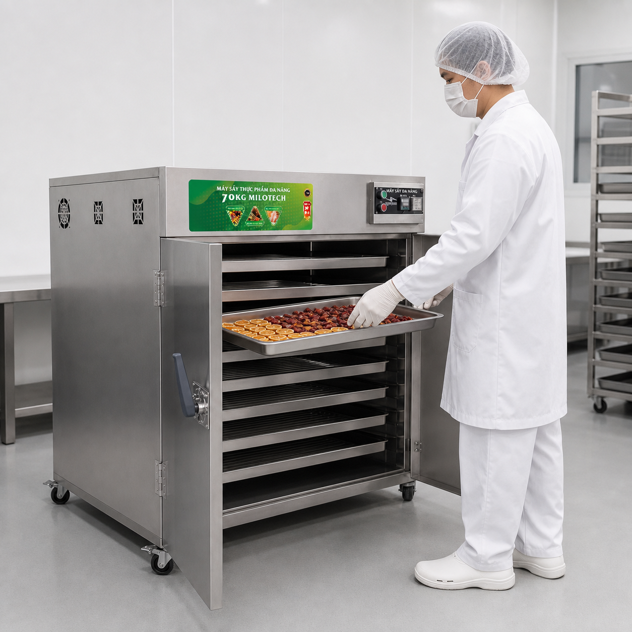 Máy sấy Milotech 70kg mở cửa đưa khay thực phẩm vào máy
