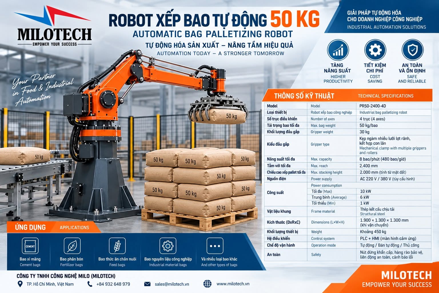 MILOTECH Robot palletizing 50 kg – robot gắp bao, xếp pallet