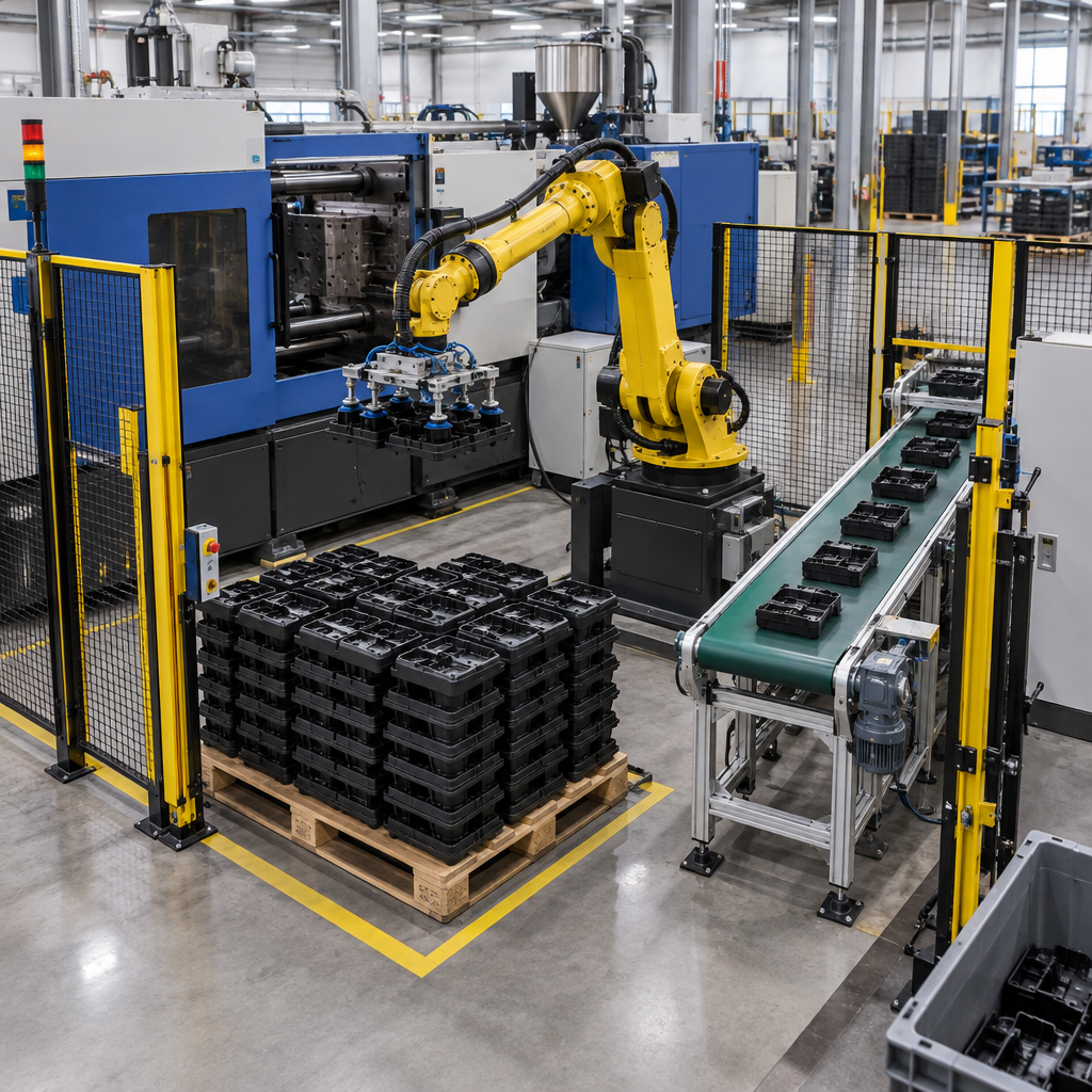 Ứng dụng thực tế - robot gắp sản phẩm máy ép nhựa