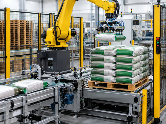 Robot xếp bao cám tự động cho nhà máy thức ăn chăn nuôi