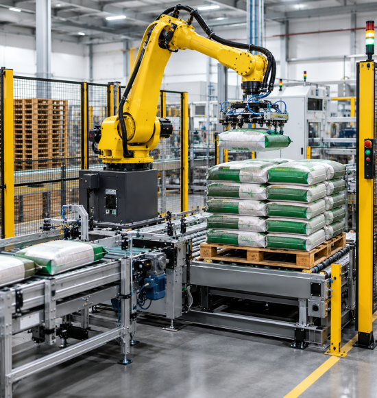 Robot xếp bao cám tự động cho nhà máy thức ăn chăn nuôi