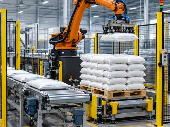 Robot xếp bao gạo lên pallet cho dây chuyền xay xát
