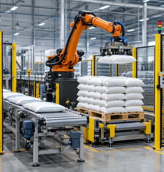 Robot xếp bao gạo lên pallet cho dây chuyền xay xát