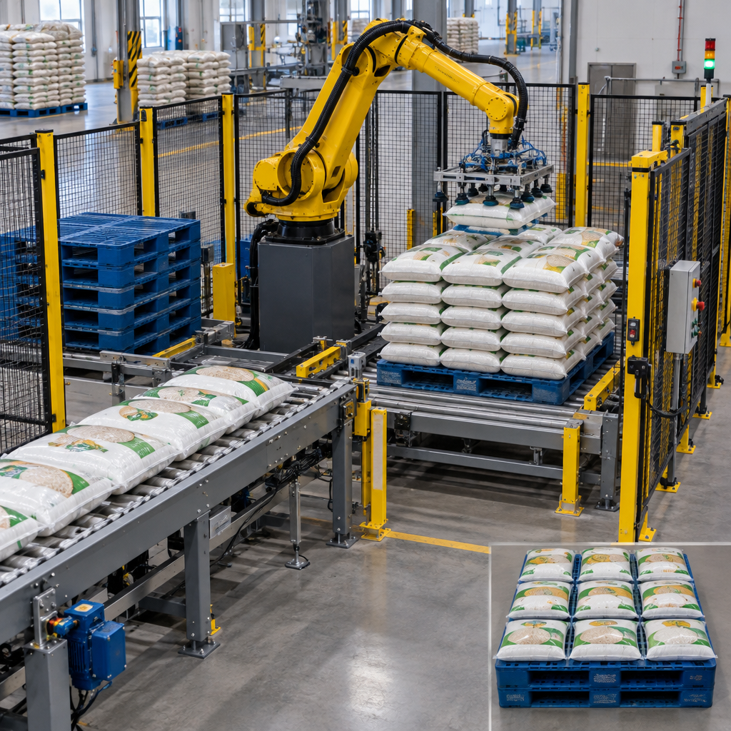 Ứng dụng thực tế - robot xếp bao gạo lên pallet